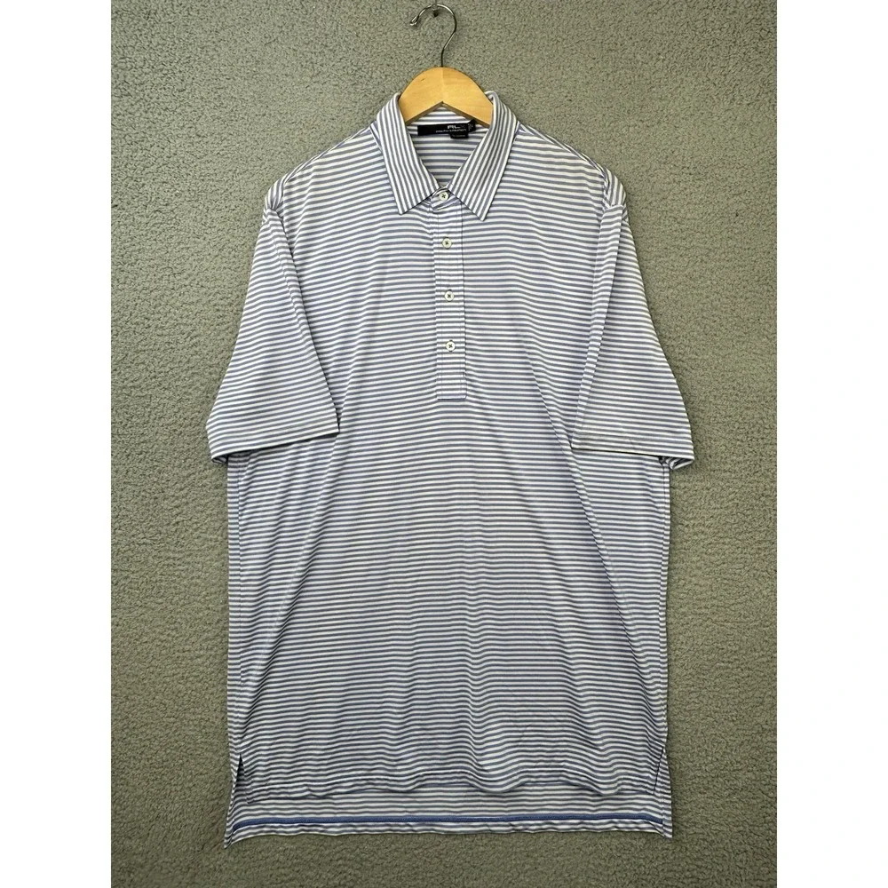 RLX Ralph Lauren Polo Golf Shirt Men Large Blue White Striped Performance Golfer